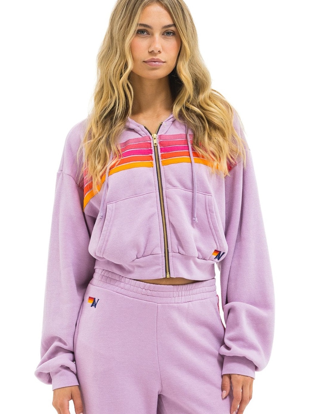 ⚡️Aviator Nation 5 Stripe Cropped Zip Hoodie Mauve Magenta Orange XL NWT ⚡️